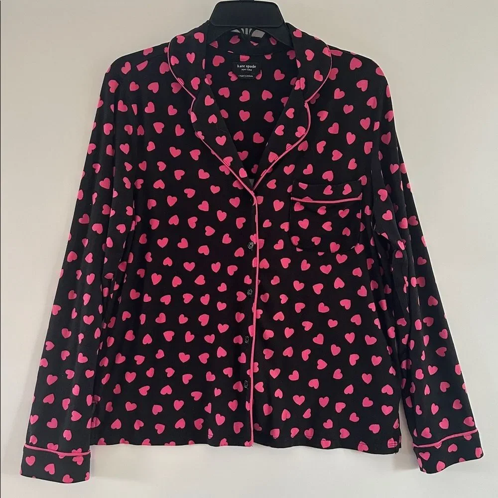Kate Spade New York Pajama Set Small Pink Hearts Long Sleeve Pant Set